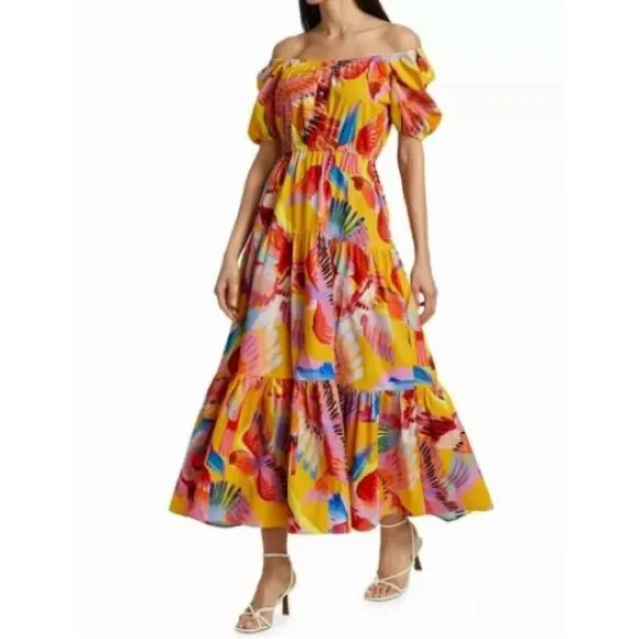 SOLD FARM Rio Neon Macaws Maxi Dress Beaded Tropical Bird Yellow Pink Size L - Picture 2 of 16